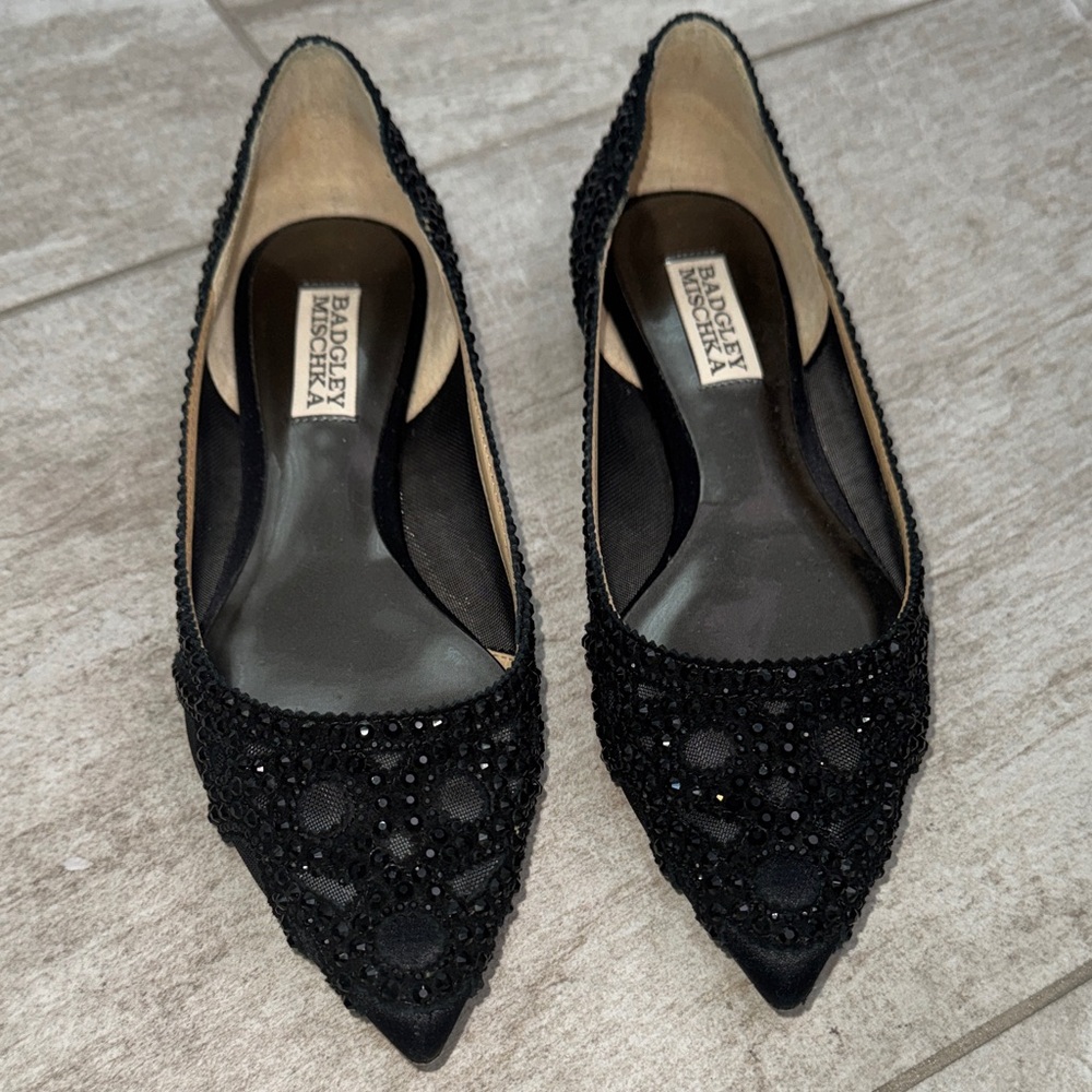 Size 6- Badgley Mischka GiGi Black Satin Flat - Picture 6 of 11